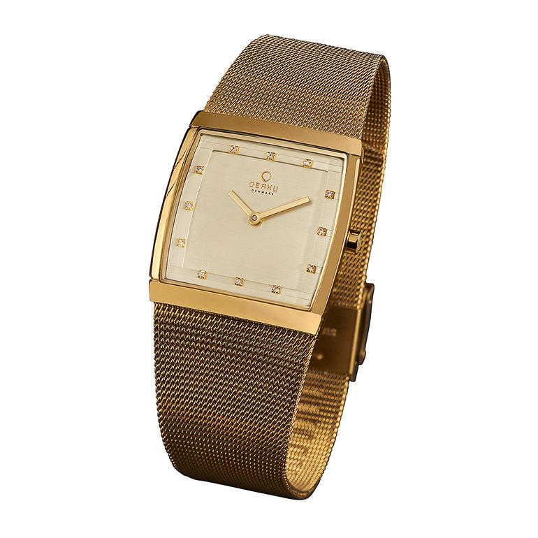 Montre femme, couleur or Obaku Karree-Damenuhr in Gold mit glitzerndem Zifferblatt.