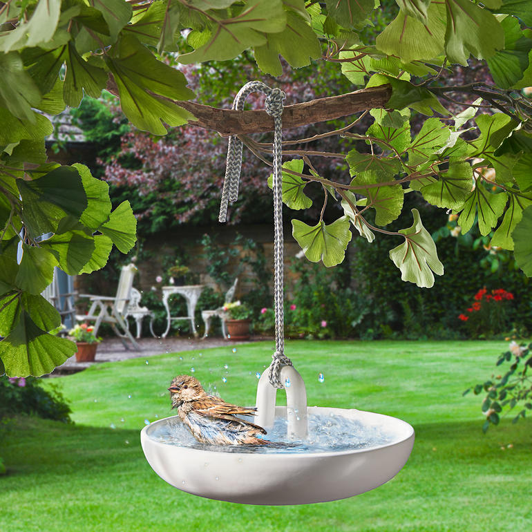 Hängendes Vogelbad aus weißem Material, aufgehängt an einem Ast.