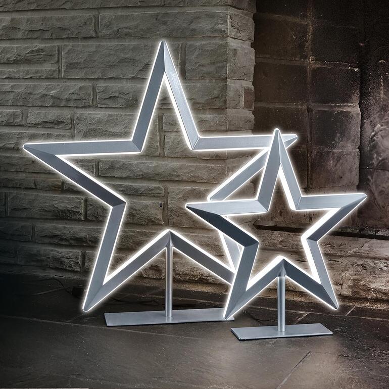 Zwei LED-Sterne, einer groß und einer klein, in einem modernen Design.