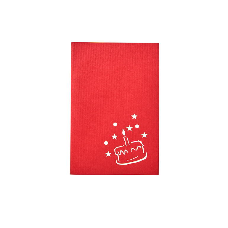Rote Karte mit einem Geburtstagskuchen und Sternen, Teil eines Popup-Karten-Sets