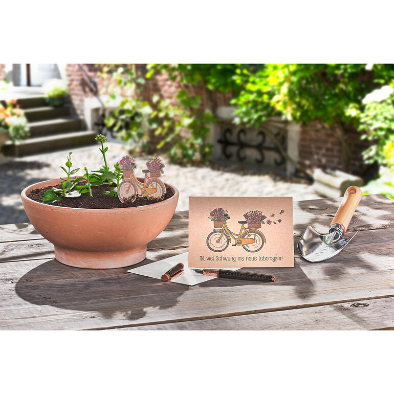 Blumentopf mit Pflanzen und Saat-Grußkarten auf einem Tisch in einer Gartenlandschaft.