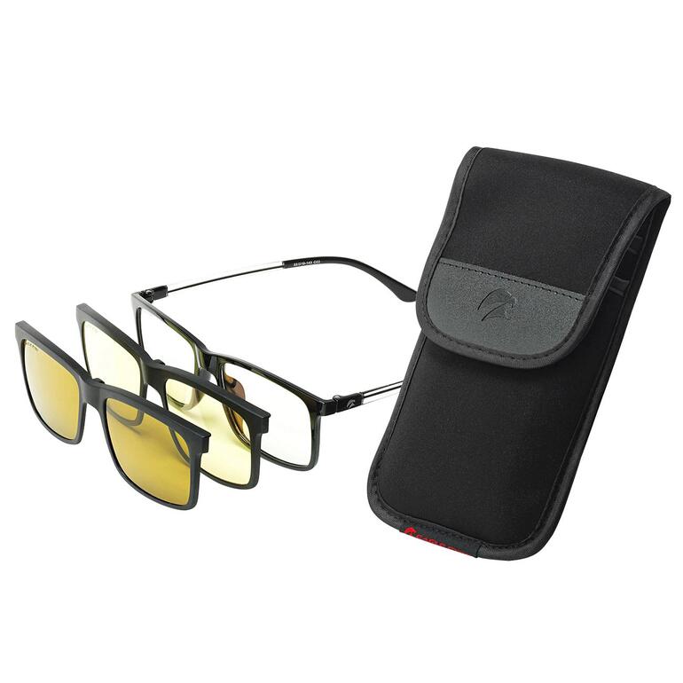 3-in-1-Brillensystem im klassischen eckigen Stil mit Etui.