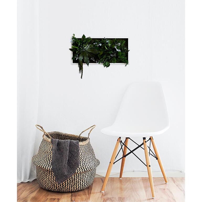Die floristischen Kunstwerke entstehen in reiner Handarbeit. Echtpflanzenbild an einer weißen Wand über einem Korb