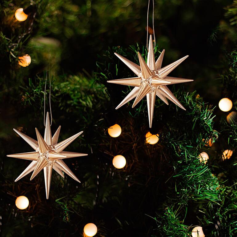 Zwei goldene Seiffener Weihnachtssterne hängen an einer Tanne.
