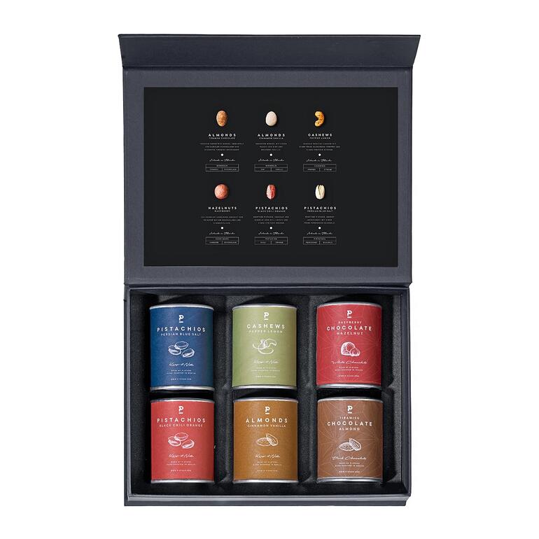 Geniesserbox „Sechs Sinne“ Inneres einer Genießerbox mit sechs verschiedenen Snackdosen.