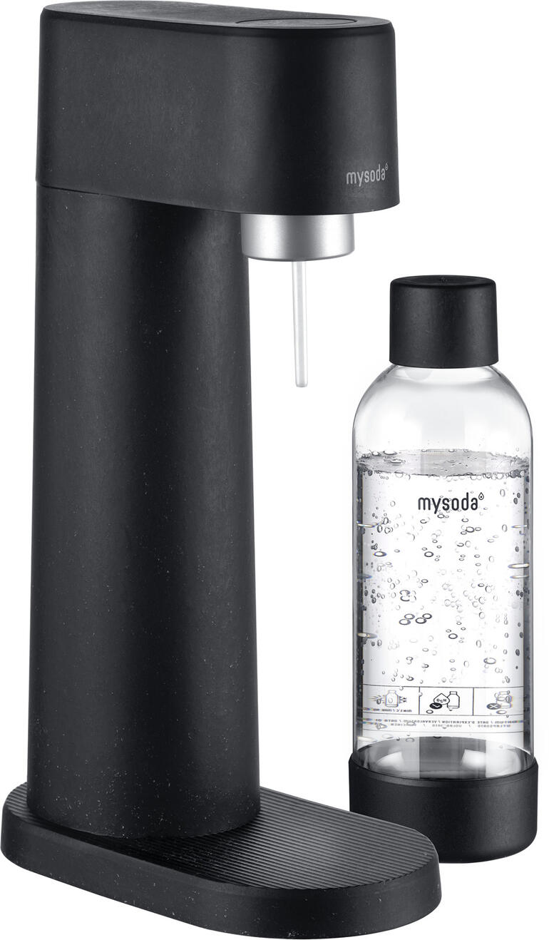 Design-Wassersprudler Woody mit schwarzem Gehäuse und zugehöriger Flasche