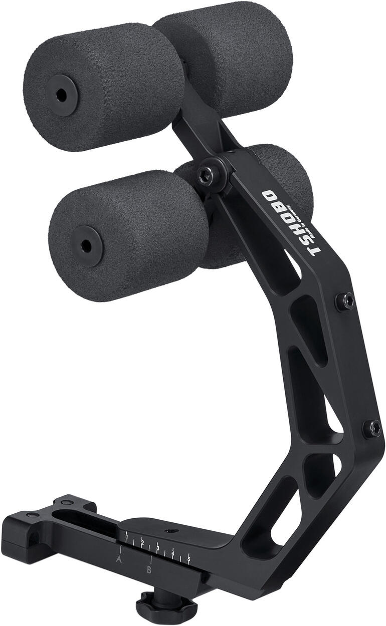 Appui dorsal pour vélo Tshobo Tshobo Fahrrad-Rückenstütze in schwarz, seitliche Ansicht mit Betätigungselementen.
