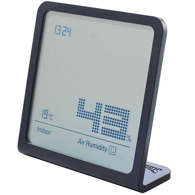 Schwarzes Design-Hygrometer mit digitaler Anzeige von Temperatur und Luftfeuchtigkeit