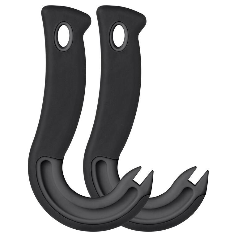 Zwei schwarze Zugring-Dosenöffner, nebeneinander auf weißem Hintergrund.