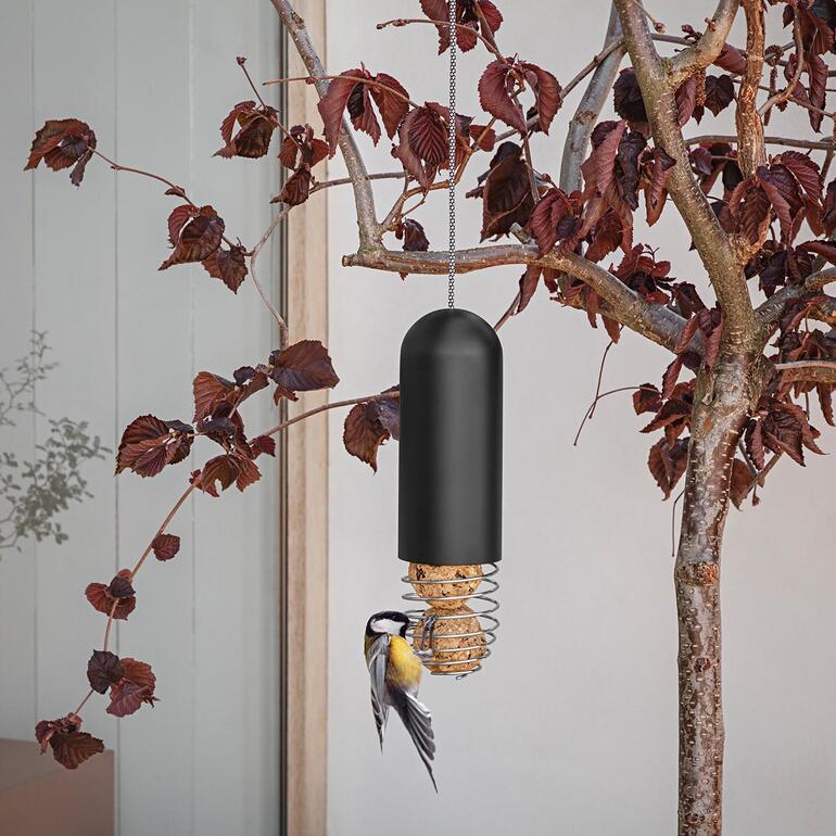 Meisenknödelhalter in Schwarz, hängend an einem Baum mit Meise