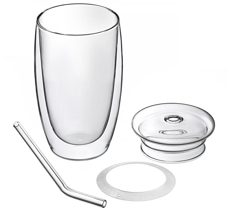 Im Lieferumfang: 450 ml-Thermoglas, Deckel und Trinkhalm. Mundgeblasenes Thermoglas mit Strohhalm und Deckel