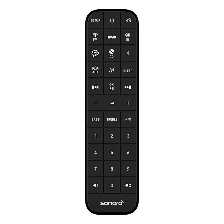 Fernbedienung des Kompakt-Musiksystems sonoro ELITE mit Tasten.