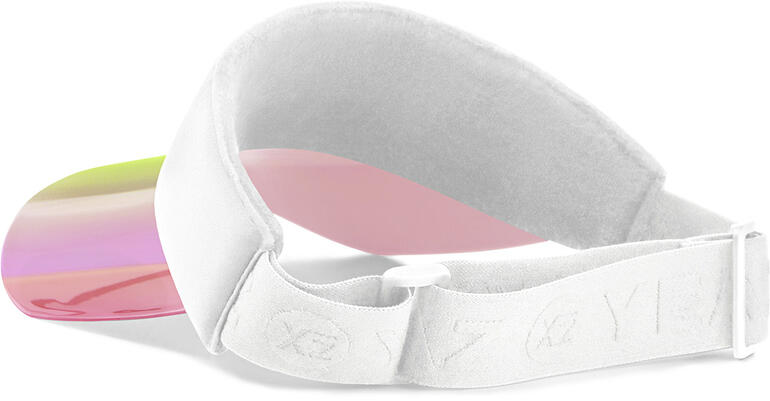 Die weiche Frottee-Innenseite absorbiert Schweiss und verhindert Druckstellen. Sonnen-Visor mit buntem Visier auf einem weißen Hintergrund.