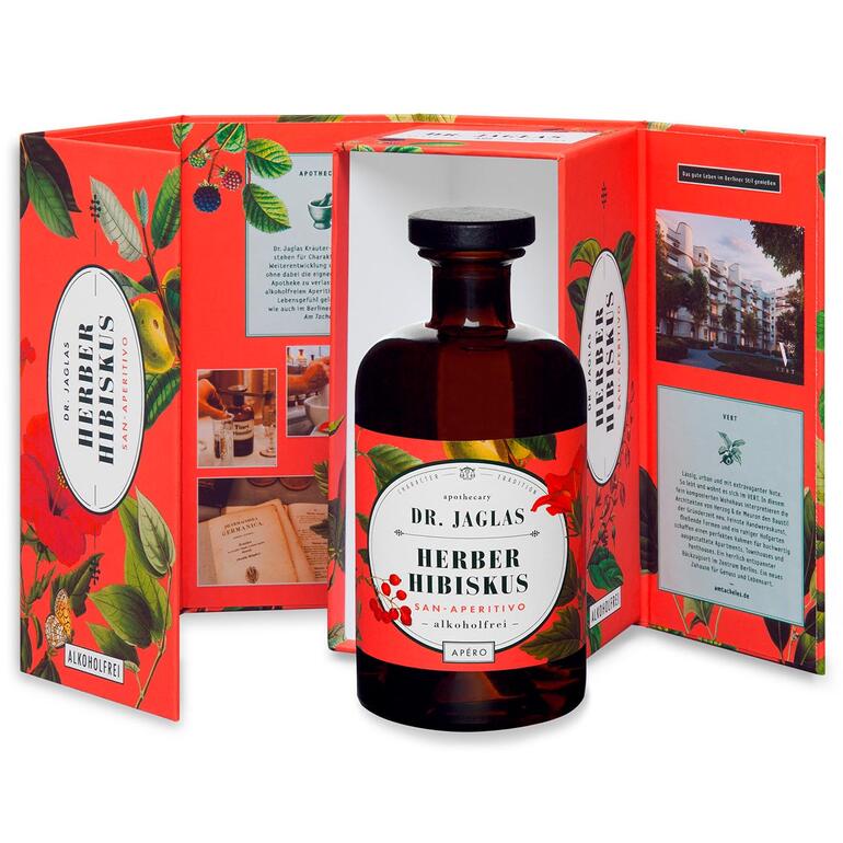 Dr. Jaglas, le label des pharmacies berlinois, est synonyme de pureté, de caractère et de tradition avec ses spiritueux aux herbes. Dr. Jaglas Herber Hibiskus in Geschenkverpackung mit Informationen.