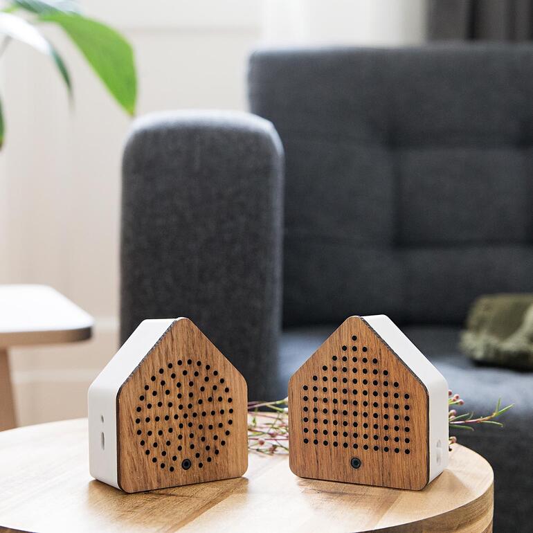 Zirpybox, 2er-Set auf einem Tisch mit einem minimalistischen Wohnzimmer im Hintergund.