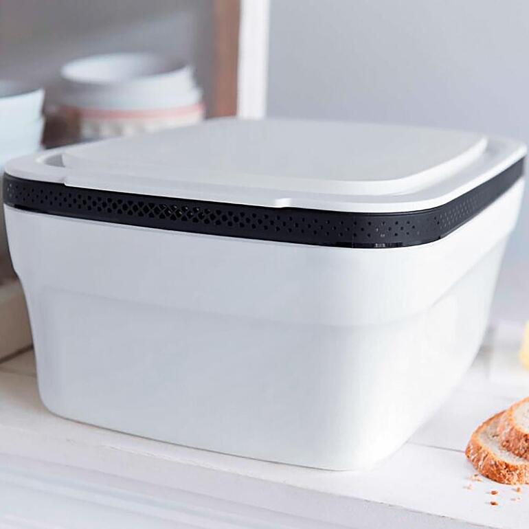 Langlebige Qualität von Tupperware®, in zwei Grössen erhältlich. Tupperware® BreadSmart geschlossen auf einem Regal.