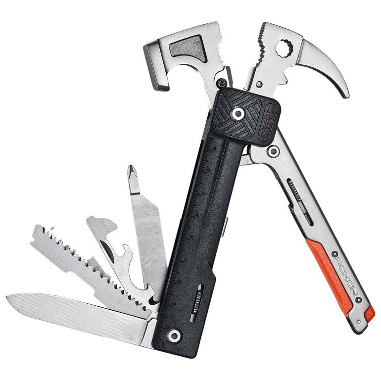 Die Sicherungsschieber für Griffteil und Seitenwerkzeuge verhindern ungewolltes Öffnen bzw. Zusammenklappen. Offen liegendes 17-in-1 Multi-Tool mit Hammer und verschiedenen Werkzeugen