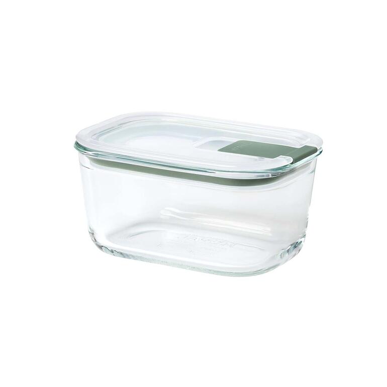 Transparente Glas-Frischhaltebox mit grünem Deckel.