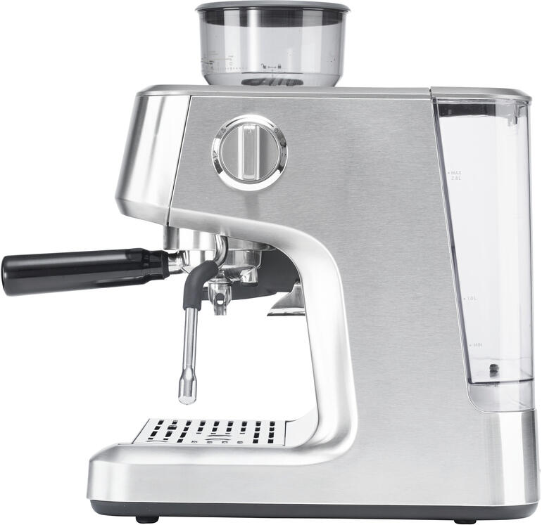Design-Siebträgermaschine Advanced Duo in silberner Edelstahloptik seitlich.