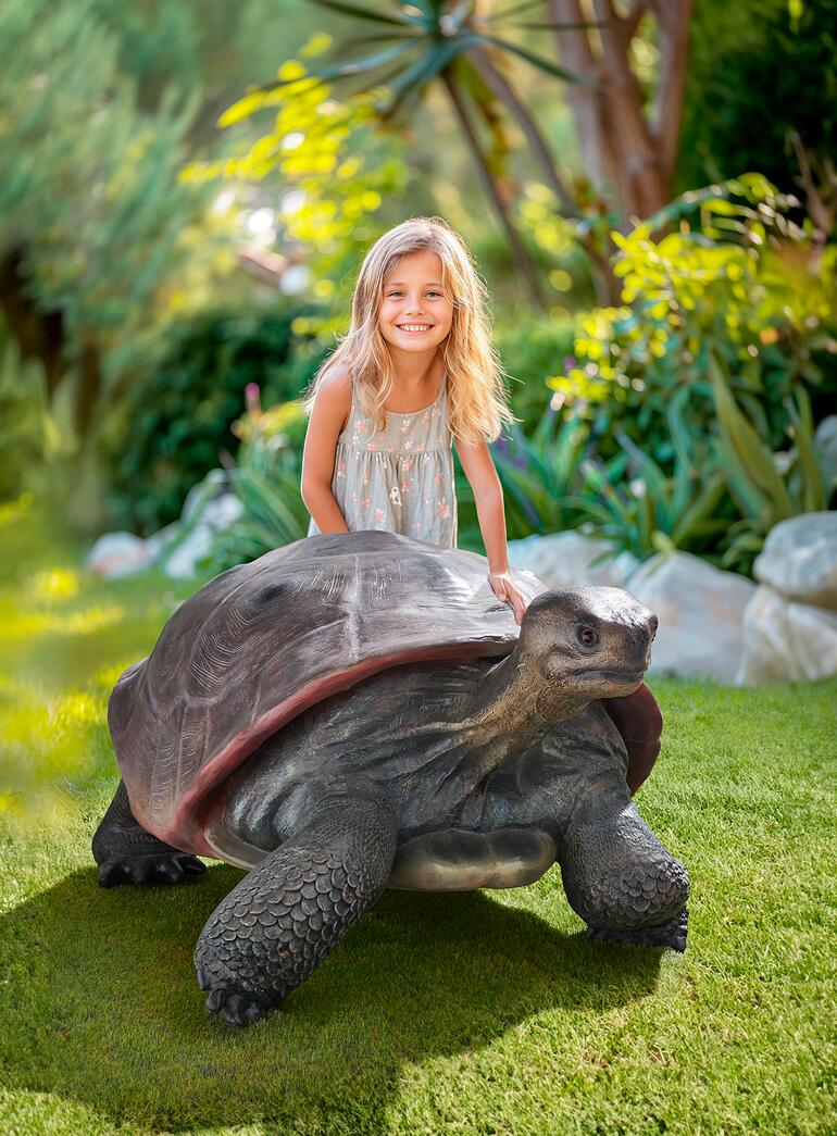 Mädchen reitet auf einer Galapagos-Schildkröte