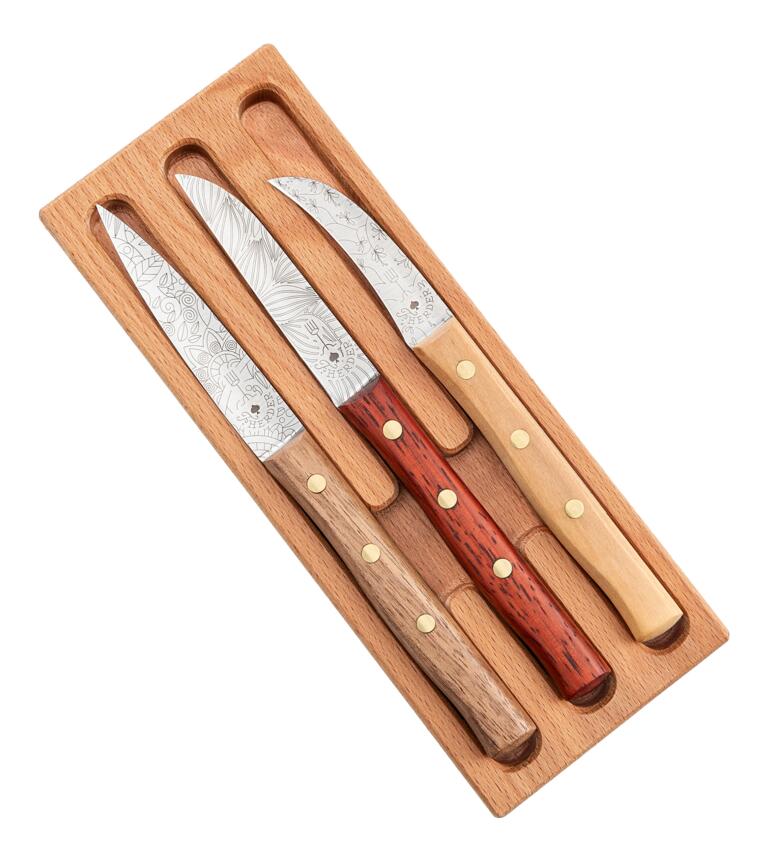 3er-Set in schöner Holzbox: bestehend aus 2 Zöppken (1 x gebogene, 1 x gerade Klinge) und einem Spickmesser. Solinger Zöppken Messer Set in einer Holzschatulle.