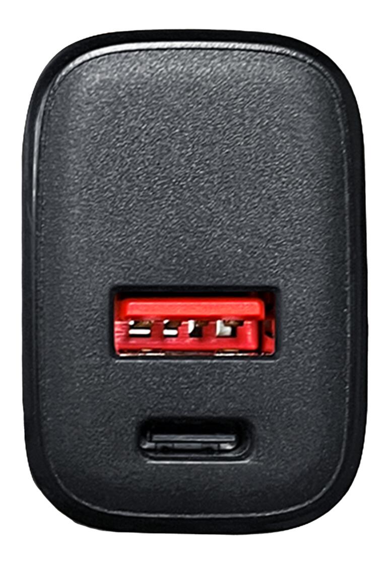 USB-Steckernetzteil mit einem USB-C- und einem USB-A-Anschluss.