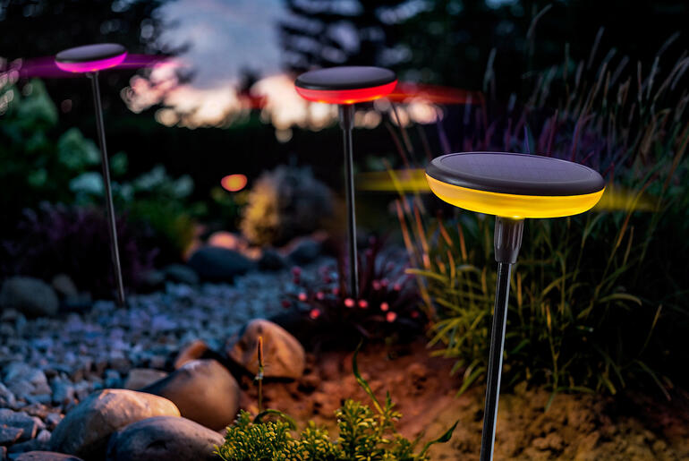 Solarleuchten mit Farbwechsel, die in einem Garten leuchten.