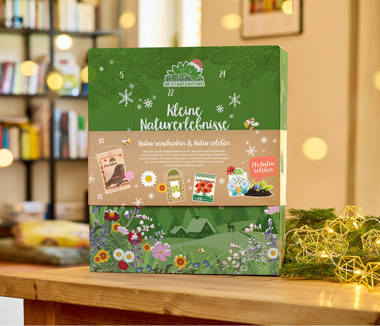 Adventskalender Naturfreunde mit buntem Design und verschiedenen Naturerlebnissen.