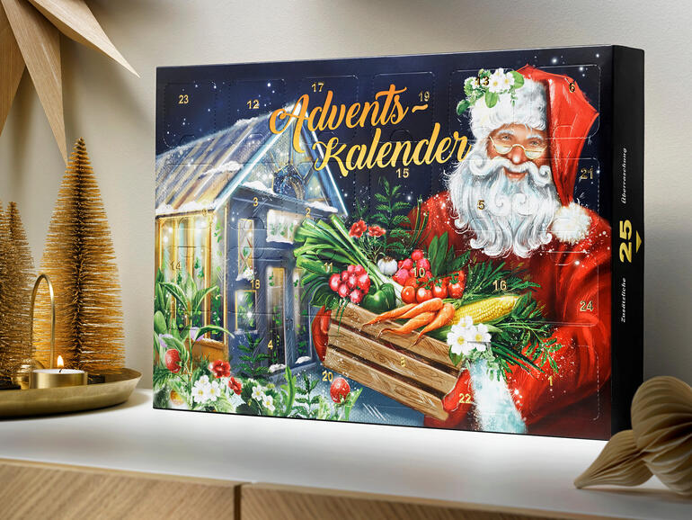 Saat-Adventskalender illustriert mit einem Weihnachtsmann und Gemüse.
