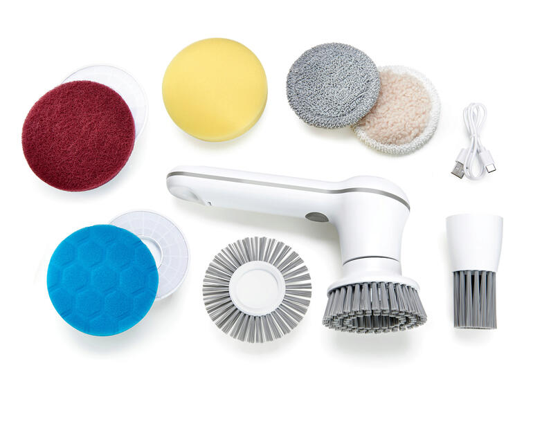 8 Reinigungsaufsätze mitgeliefert: kratzfreies Scheuerpad, innovative Fugenbürste, grosser und kleiner Borstenkopf, Schwamm-, Wisch-, Faser- und Polierpad. Ersatzbürsten und Pads im 8er-Set für Handreinigungsbürste.