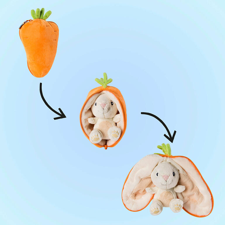 Möhre/Hase Veggie-Wende-Plüschtier in Form einer Möhre, die einen Hasen enthält.