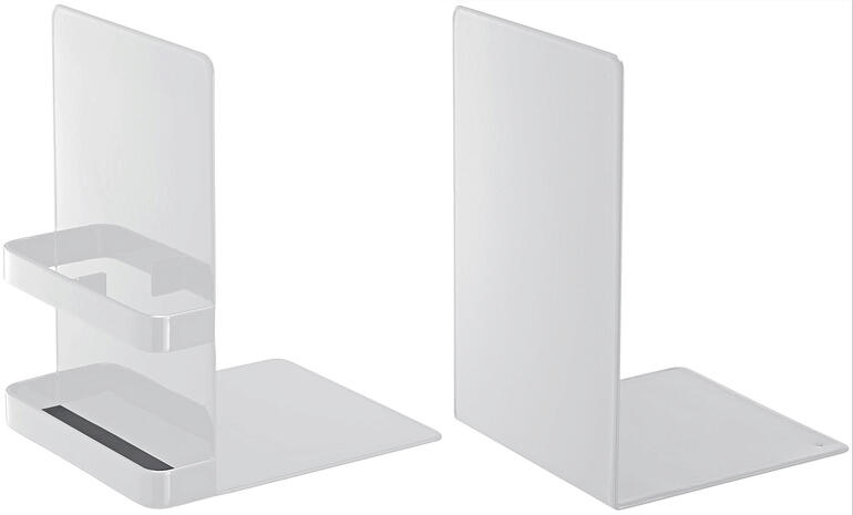 Zwei transparente Buchstützen, modernes Design, vielseitig einsetzbar.
