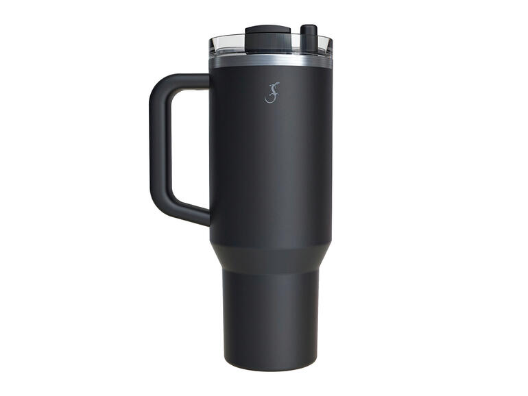 Auch in Schwarz erhältlich. XL-Thermo-Trinkbecher in Schwarz, senkrecht auf weißem Hintergrund