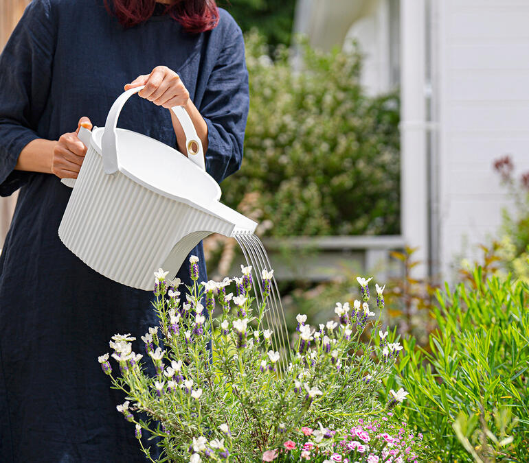 Giesskanne Frau gießt Blumen mit einer Gießkanne im Garten
