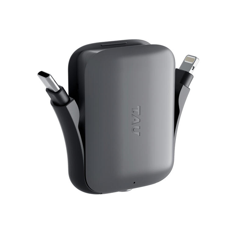 Integriert: dualer Anschluss mit Lightning und Micro-USB sowie USB C. 3-in-1 Mini-Powerbank 2.0 mit ausziehbaren Kabeln.