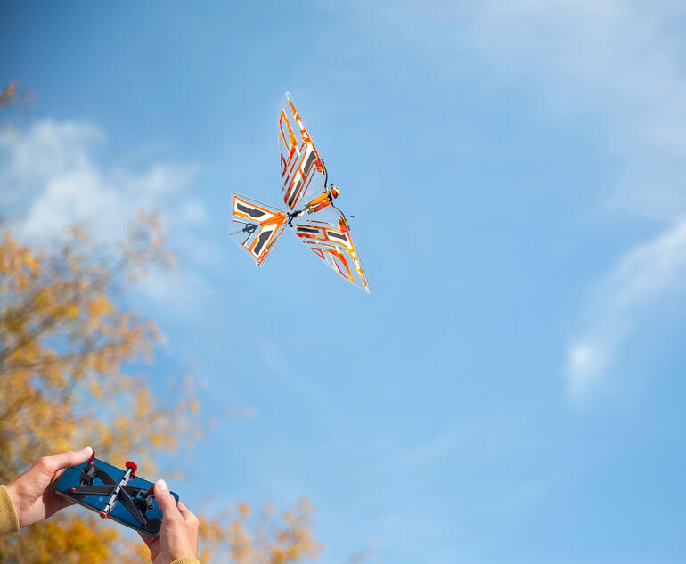 Ferngesteuerter Ornithopter fliegt durch einen blauen Himmel auf einem herbstlichen Hintergrund.