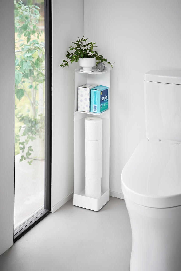 Weißer WC-Organizer mit Aufbewahrung für Toilettenpapier und Produkte