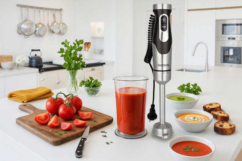 Power Stabmixer 1.500W auf der Küchenarbeitsplatte mit Tomaten und Gemüsesuppe.