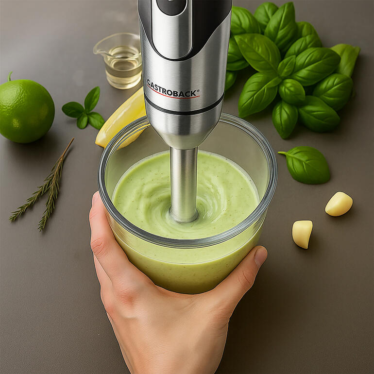Power Stabmixer 1.500W in einer Schüssel mit grüner Suppe und frischen Kräutern.