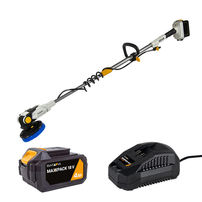 Twin-Brush Elektro-Schrubber 2.0 mit Akku und Ladegerät.