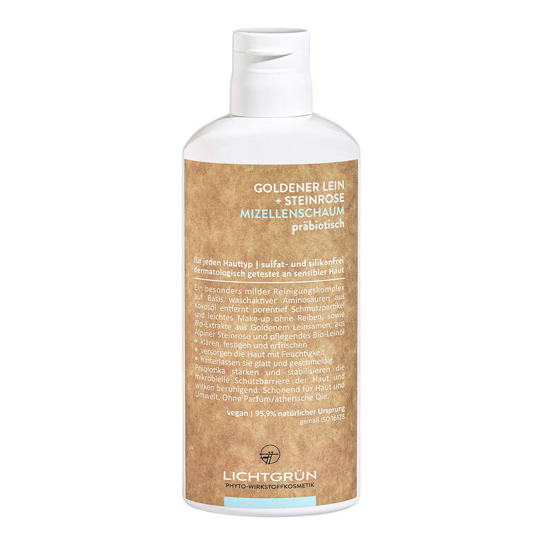 Flasche LICHTGRÜN® Mizellenschaum mit natürlicher Inhaltsstoffangabe.