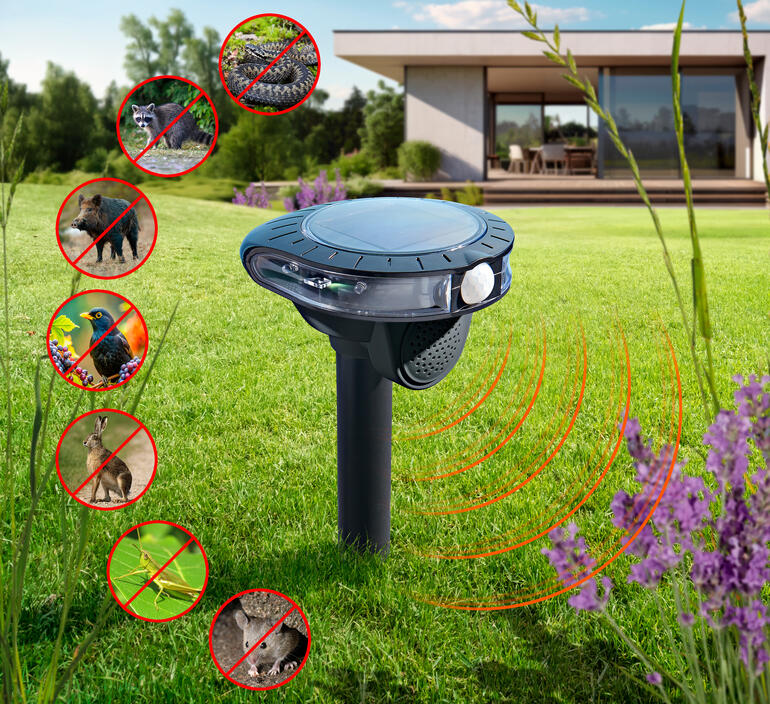 Elektronische Tierabwehr im Garten mit verschiedenen Tieren in Symbolform.