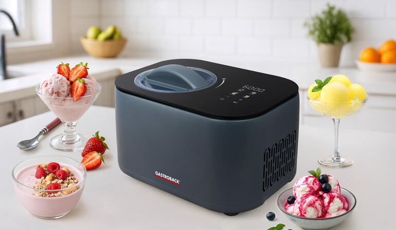 Eisdiele mit verschiedenen Sorten Speiseeis auf einer Arbeitsplatte.