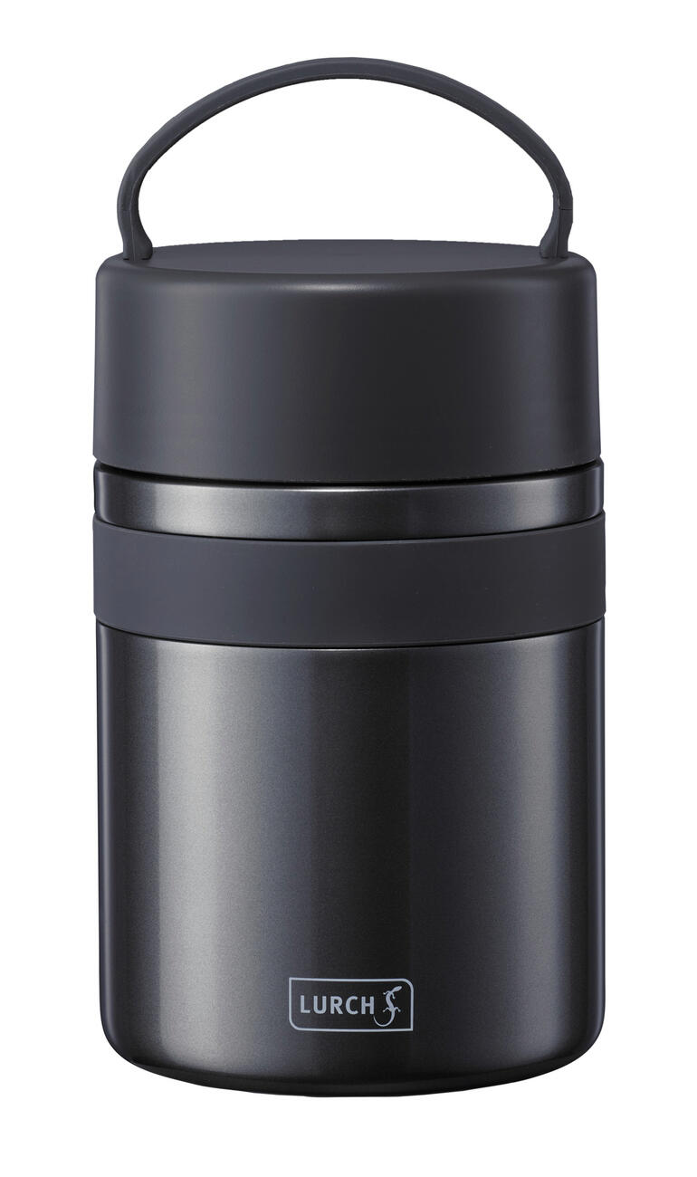 Schwarze isolierende Snackbox mit Griff und geschlossenem Deckel.