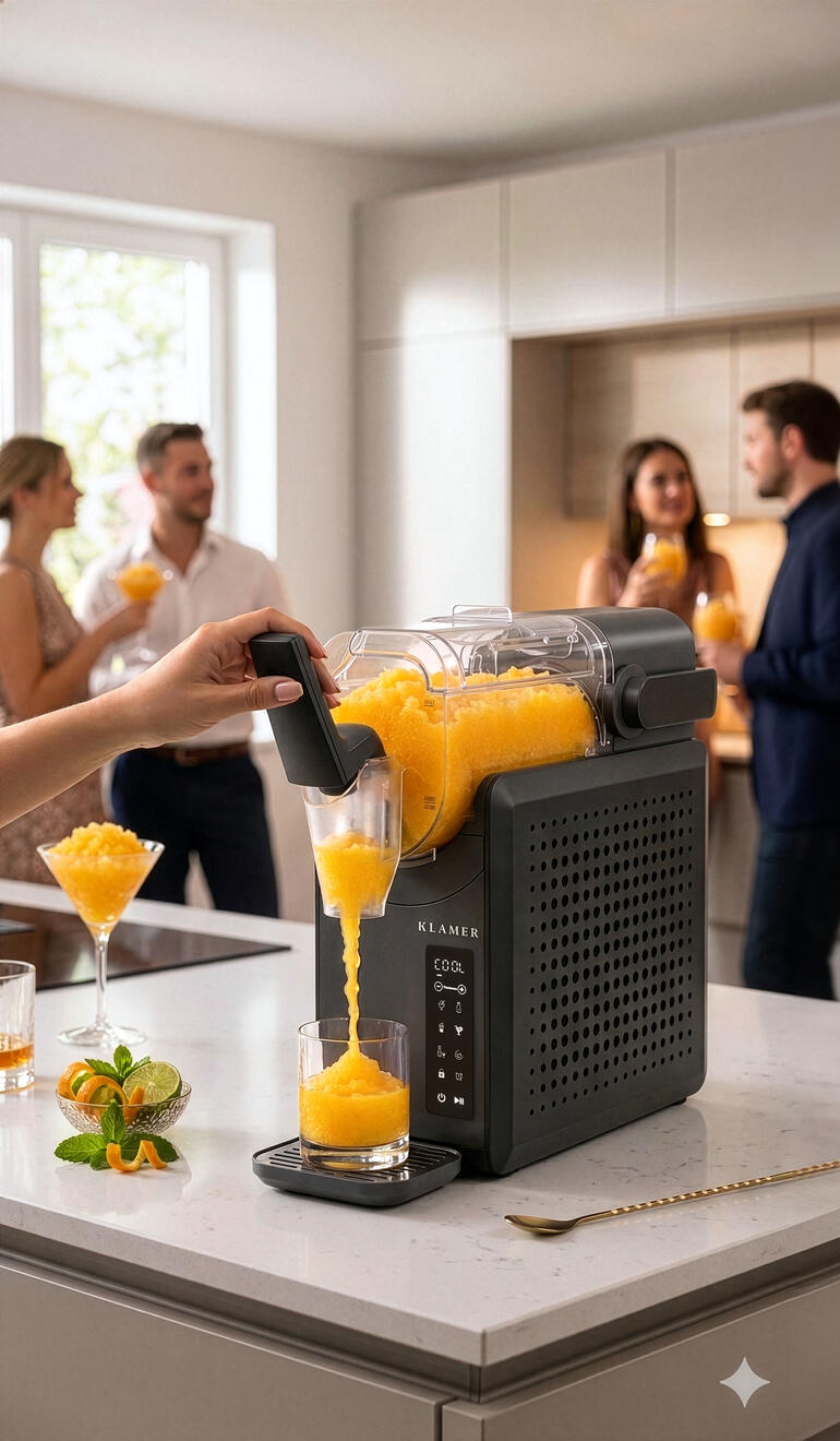 Slusheis-Bereiter auf Küchenarbeitsplatte mit Glas und Getränken.