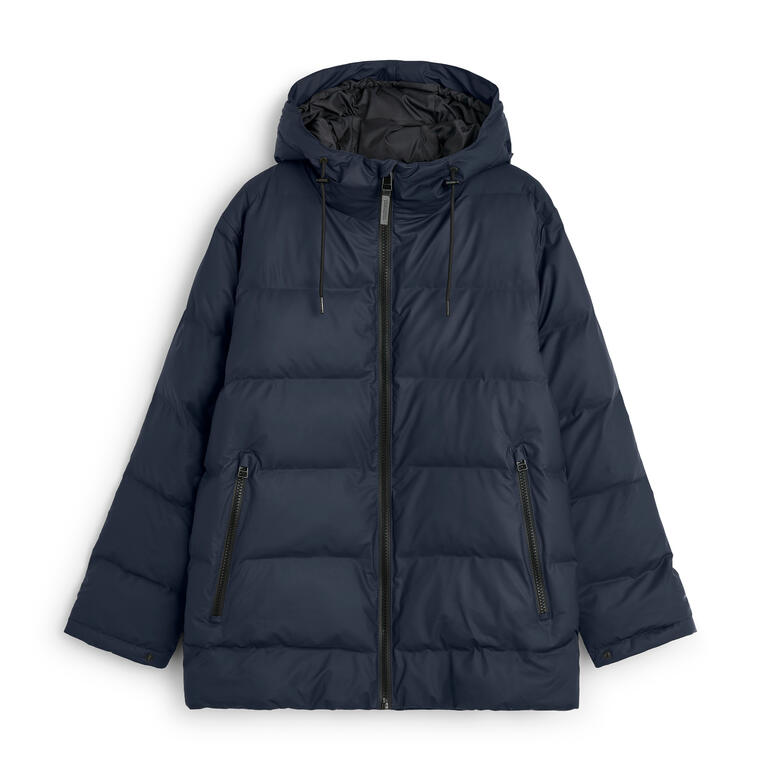 Dunkelblaue, wasserdichte Pufferjacke mit Kapuze und Reißverschluss.