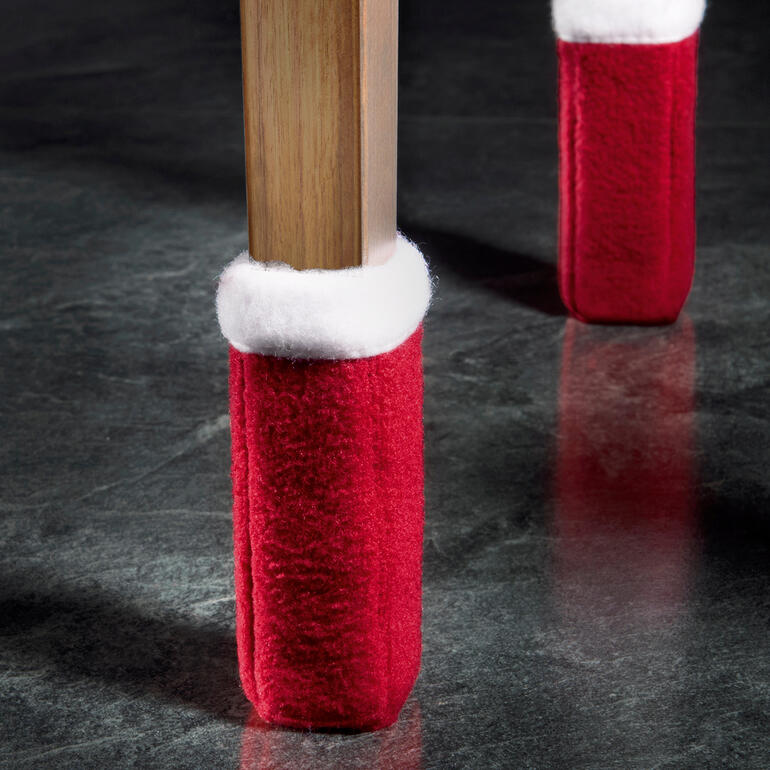 Rote Stuhlsocken mit weißen oberen Rändern für Möbel.