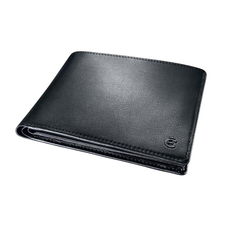 Schwarze Sicherheits-Lederbörse mit RFID-Schutz auf einem Tisch.