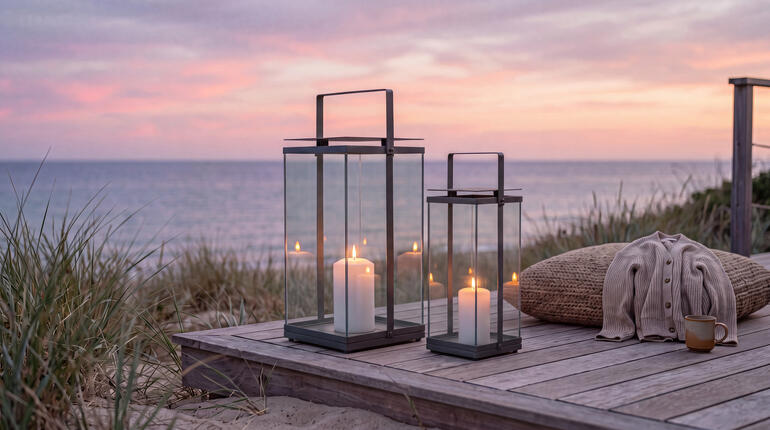 Zwei Design-Laternen auf einer Holzterrasse am Strand bei Sonnenuntergang.