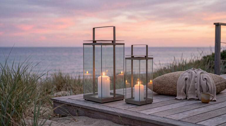 Zwei Laternen HACADO am Strand, Kerzen leuchten bei Sonnenuntergang.